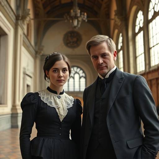 Academy founders, Eleanor Vance and Alistair Finch, standing outside the original academy building in Covent Garden