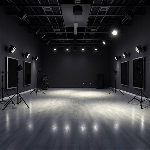 Acting studio interior, showing a large open space with stage lighting and mirrors